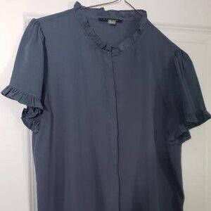 Adorable Ttahari dusty blue blouse, covered buttons and ruffled sleeve